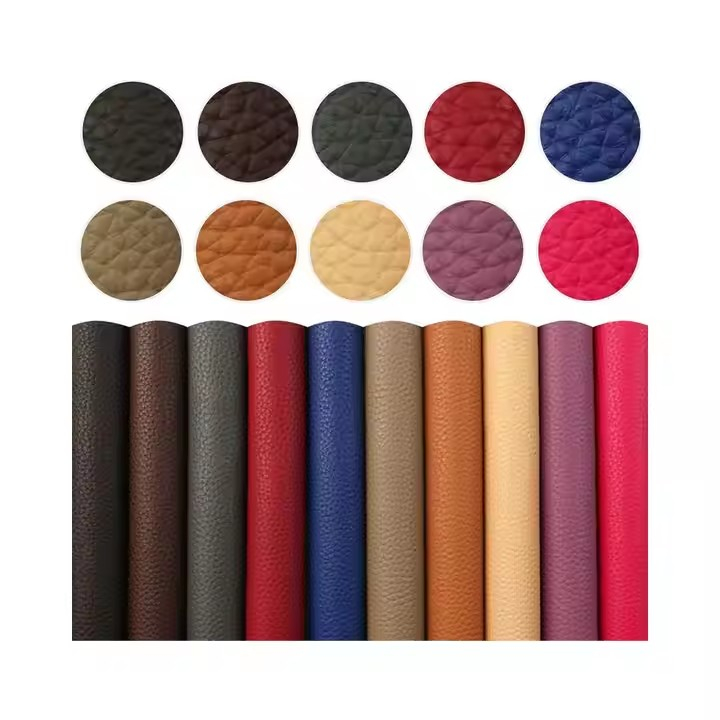 批发商纯色PU皮革面料纯色荔枝超细纤维背衬深色制作